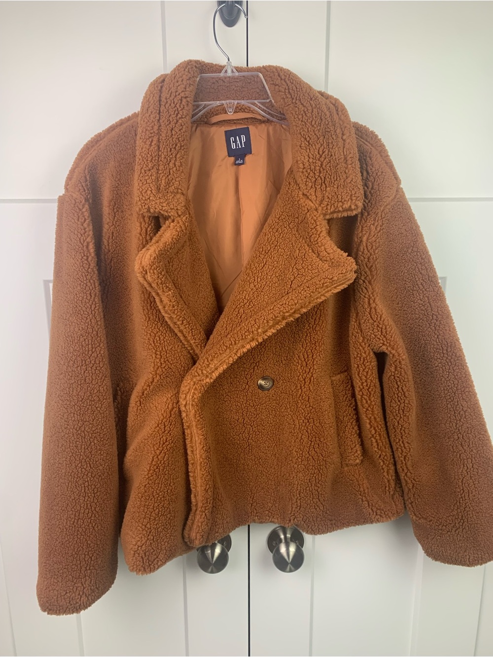 GAP Sherpa Teddy Bear Brown Jacket L Button Front Collared Pockets